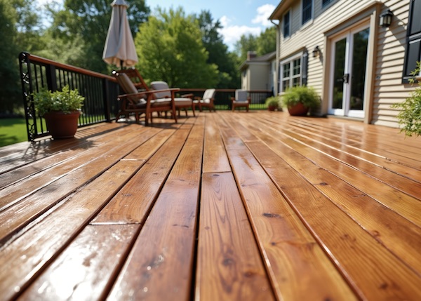 Cedar deck with seating in Bridle Trails neighborhood.